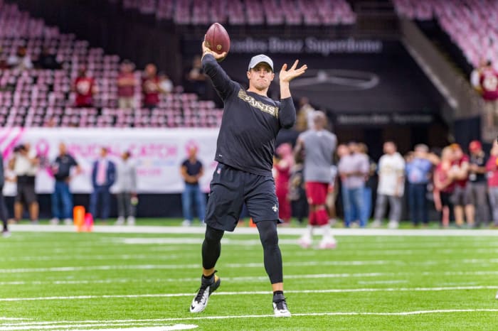 Drew Brees during pregame as The New Orleans Saints take on The Washington Redskins during Monday Night Football at the Mercedes-Benz Superdome. Monday, Oct. 8, 2018.